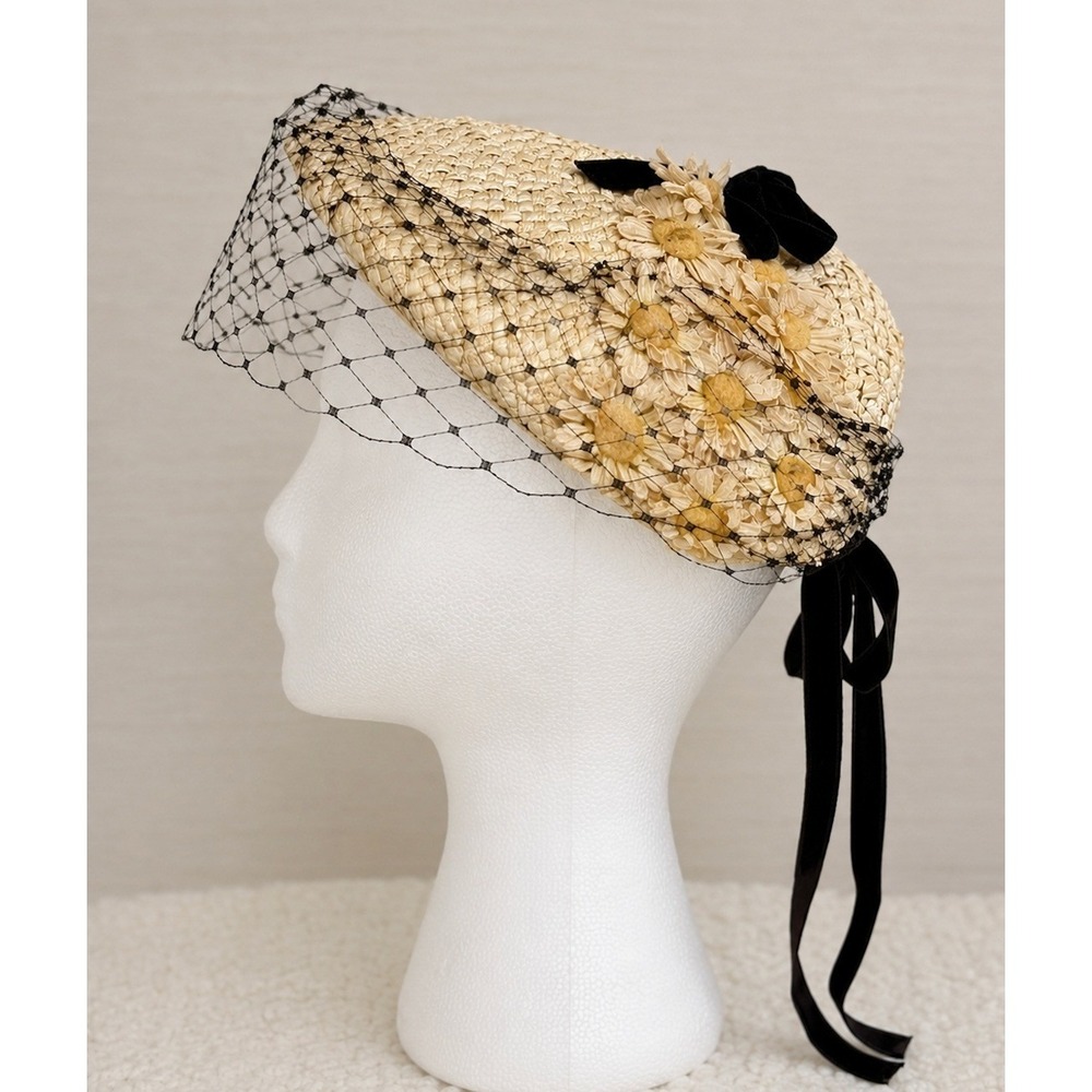Vintage 1950s Straw Halo Hat Birdcage Veil Floral Trim MCM Cocktail Ransohoffs